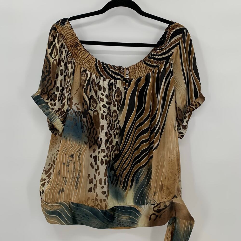 Dressbarn Womens XL Blouse Animal Print Tie Waist Sheer Smocked Collar Mob Wife